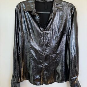 Metallic Silver Black Button-Up Shirt